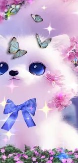 Cute fluffy fox with pink blossoms and blue butterflies in a whimsical scene.