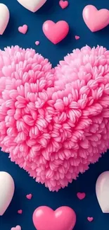 Fluffy pink heart on a blue background with decorative hearts.