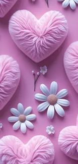 Mobile wallpaper with pink fluffy hearts and white flowers.