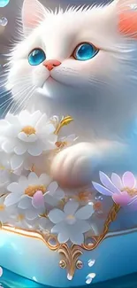 White kitten surrounded by daisies and bubbles in a dreamy setting.