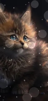 Adorable fluffy kitten in a soft, glowing dark setting, perfect for wallpaper.