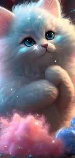 Whimsical fluffy white kitten with pastel colors and playful props.