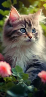 Fluffy kitten surrounded by flowers in a garden wallpaper.