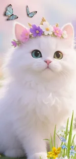 White kitten with flower crown and butterflies.
