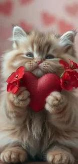 Fluffy kitten with a heart and red flowers.