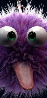 Fluffy purple monster face with big eyes and tongue on black background.