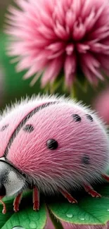 Fluffy pink ladybug on a green leaf with vibrant blossoms.