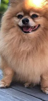 Fluffy Pomeranian dog sitting on a wooden deck, smiling happily.