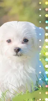 Fluffy white puppy with colorful lights in a sunlit field backdrop.