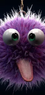 Fluffy purple creature with big eyes and tongue on a dark background.