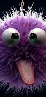 Fluffy purple monster with big green eyes sticking out its tongue.