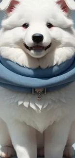 Fluffy white dog with a blue scarf and a cute smile.