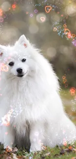 Fluffy white dog sitting among autumn leaves in a serene outdoor setting.