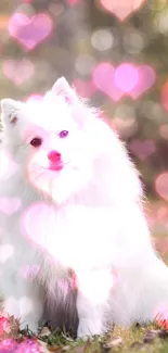 Fluffy white dog sitting on grassy field in nature.