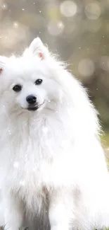 Fluffy white dog sitting in soft light with bokeh background.