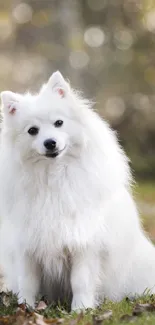 Fluffy white dog sitting in a sunny garden.