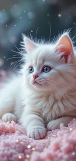 Fluffy white kitten with blue eyes on a pink blanket with sparkles.