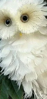 Fluffy white owl with intricate feathers on a branch.