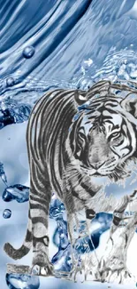 Graceful tiger intertwined with blue water waves in stunning wallpaper.