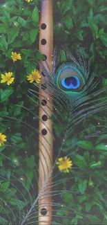 Bamboo flute and peacock feather resting on green leaves.