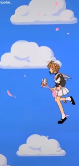 Anime girl flying in a blue sky with clouds and petals.