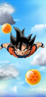 Anime hero flying with dragon balls in a vibrant sky.