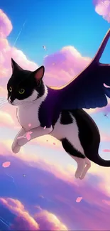 Flying cat with wings in vibrant sky wallpaper.