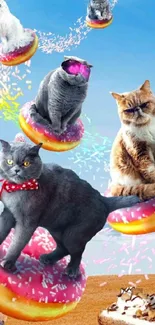 Cats riding donuts in a whimsical sky.