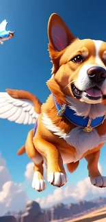 Flying corgi with wings in a clear blue sky.