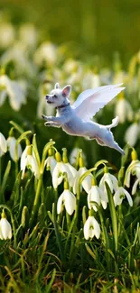 Whimsical winged dog hovering over snowdrop flowers.