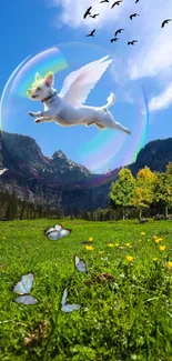 Whimsical scene featuring a flying dog in a bubble over a green meadow.