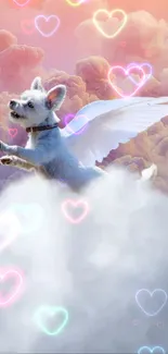 Dog with wings flying through vibrant pastel clouds.