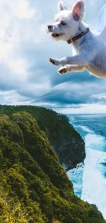 Flying dog soaring above cliffs and ocean under bright sky.