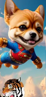 A cute dog in a superhero costume flying in the sky with a tiger below.