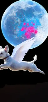 Flying dog with wings in front of a bright full moon on mobile wallpaper.