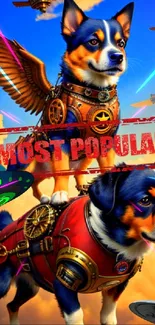 Colorful fantasy wallpaper with flying steampunk dogs in sky armor.