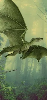 A green dragon soaring over a mystical forest at sunrise.