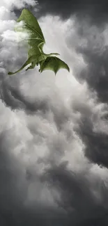 Green dragon flying through stormy clouds in a mystical sky.