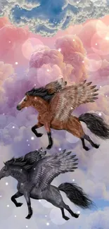 Flying horses among dreamy pink clouds mobile wallpaper.