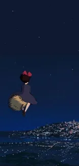 Witch flying over a glowing city at night with a starry sky.