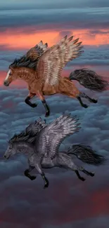 Two Pegasus flying over sunset-lit clouds, creating a fantastical scene.