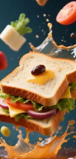 A flying sandwich with vibrant ingredients and splashes.