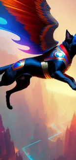 Superhero dog with colorful wings flying over neon city.