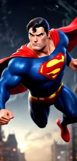 Superhero flying over city with red cape and heroic pose.