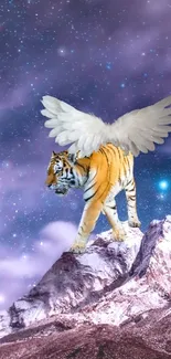 Winged tiger on mountain under starry sky.