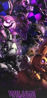 Colorful FNAF animatronics on a purple-black themed mobile wallpaper.