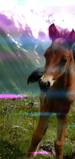 Foal standing amidst mountain scenery with vibrant skies.