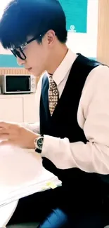 Man in office attire focused on work documents in a bright room.