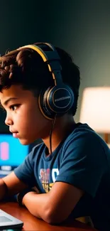 Young gamer in headphones at desk with laptop, focused on screen.