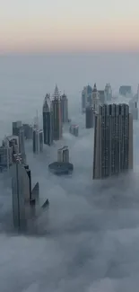 Foggy city skyline with skyscrapers emerging through clouds at dawn.